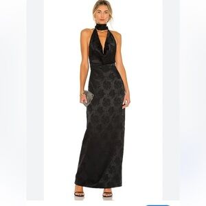 Ronny Kobo black floral Nola evening dress w/ plunging neckline & choker collar